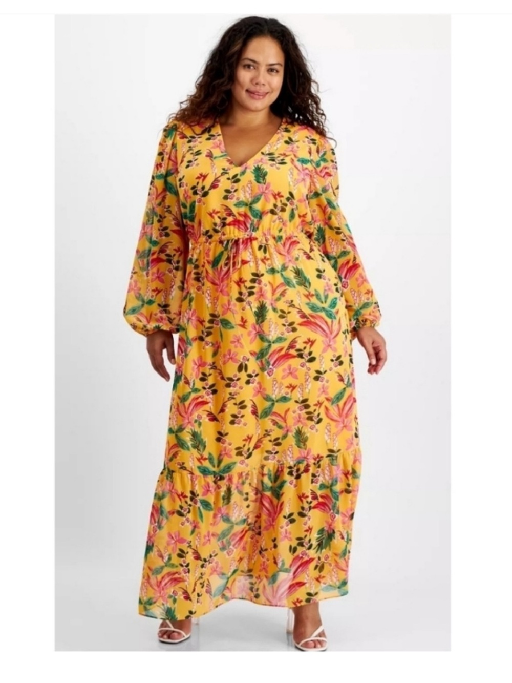 Bar III Yellow Floral V-Neck Maxi Dress